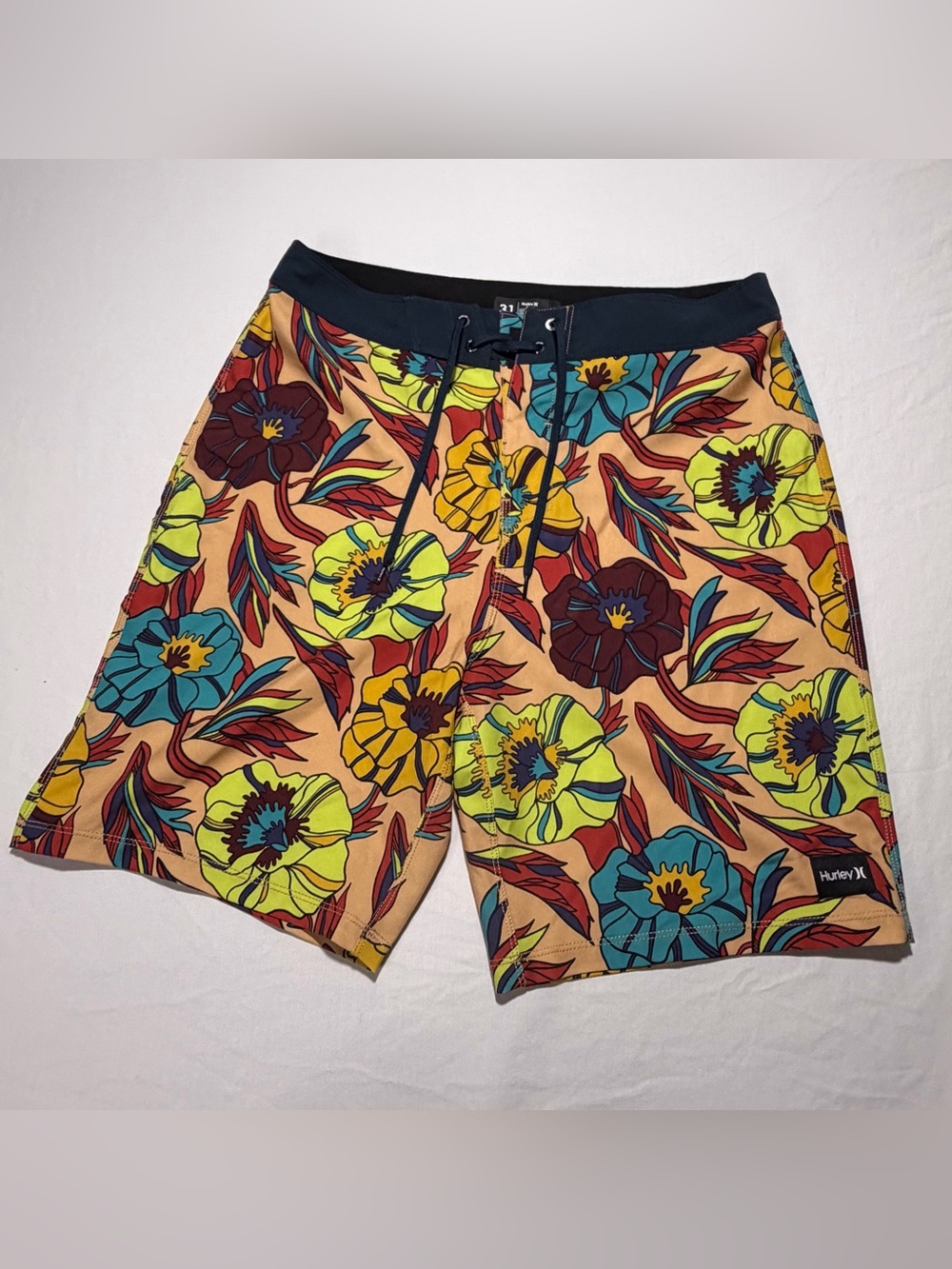 Hurley Peach Floral Swim Boardshorts with Navy Waistband
